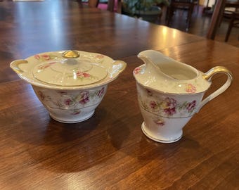 Vtg Theodore Haviland Gilded Floral Sugar Bowl & Creamer Set White Porcelain