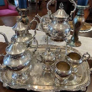 10 Piece Birmingham Silver Co Tea Coffee Set With Water Pot, Cradle, & Burner