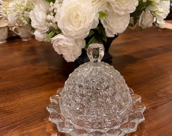 Fostoria American #2056 Round Covered Butter Dish Crystal Glass Cubist Vintage
