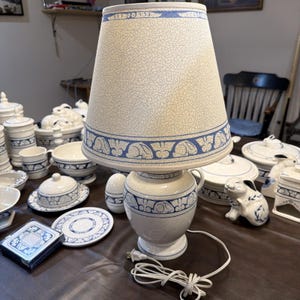 Vintage Dedham Pottery from The Potting Shed Bunny Rabbit Motif Lamp with Lampshade 21”
