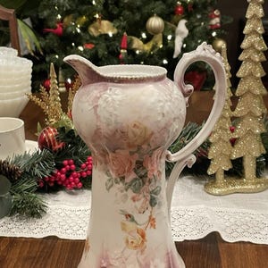 Antique RS Prussia Red Mark Satiny Porcelain Tall Chocolate Pot Pink Flowers