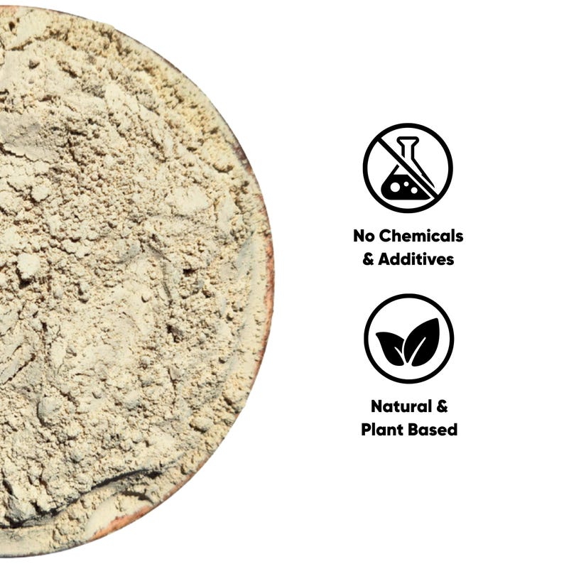 May include: Close-up of a light brown powder in a round container. The image includes text that reads "No Chemicals & Additives" and "Natural & Plant Based" in a black font with white background.