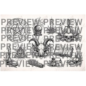 May include: Black and white illustration featuring occult symbols. Includes a pentagram, a crystal ball, candles, a skull with a sword, a goat skull, an open book, and other mystical elements. The image has a vintage, detailed style.