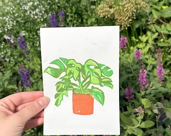 Limited Edition Reduction Block Print | Monstera Plant Print | Original Linocut Art