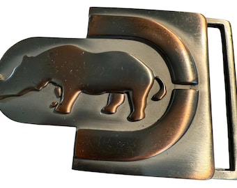 Vintage Artisan Rhino Belt Buckle, Brass/Pewter, Brutalist Wildlife Metal Art