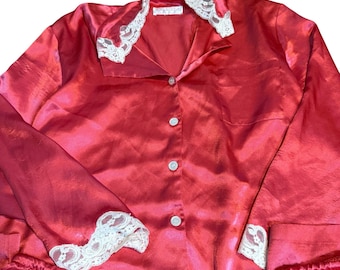 Oscar de la Renta Vintage Roter Satin-Pyjama-Set mit Spitzenbesatz, Damen XL