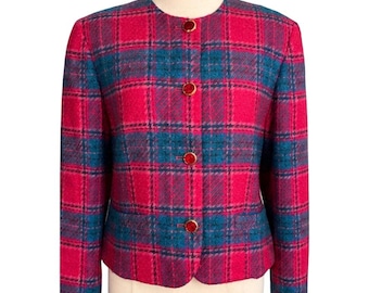 Giacca Pendleton Vintage in lana a quadri rosa e verde acqua, bottoni dorati, Made in USA, taglia 14