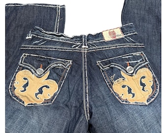 Laguna Beach Jeans Y2K Skull Button Fleur De Lis Embroidered Wide Leg, Men's 38