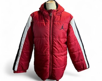 Chaqueta acolchada con capucha Nike Jordan Jumpman, estilo vintage, color rojo, blanco y negro, talla XL para jóvenes