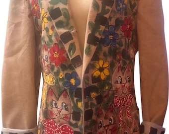 Vintage Hand Painted Art to Wear Blazer, Cat & Floral Design, Medium