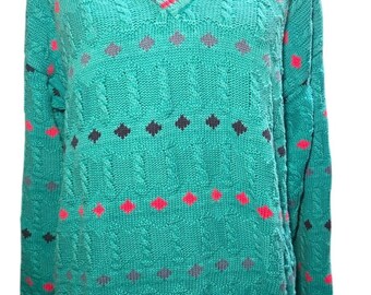 Izod vintage jaren 90 blauwgroen getextureerde gebreide trui met v-hals, gemaakt in Engeland, heren, groot