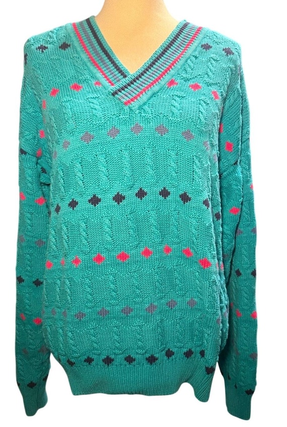 Izod, Izod Vintage 90s Teal Textured V-Neck Knit Sweater, Made In England, Men Large