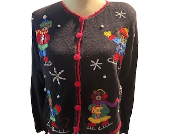 Nutcracker Vintage Christmas Bear Cardigan, Ice Skating Ugly Christmas Sweater
