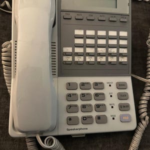 May include: A white Panasonic digital speakerphone with a handset and coiled cord. The phone has a gray keypad with numbered buttons, function keys, and a small LCD screen. The word "Panasonic" is printed at the top.