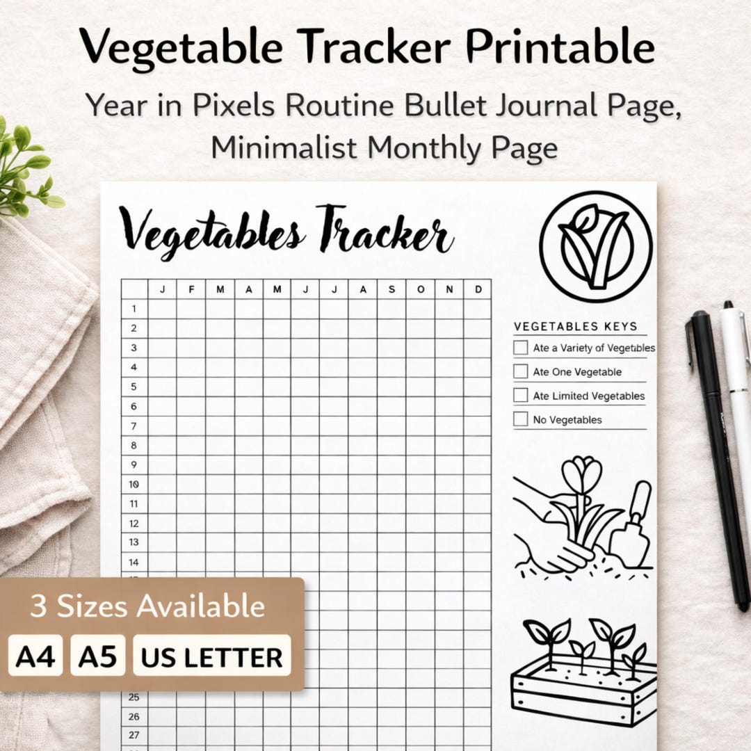 Vegetable Tracker Printable, Year in Pixels, Minimalist Bullet Journal ...