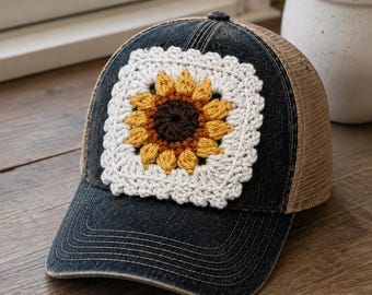 Granny Square Sunflower Trucker Hat, Crochet Patch Denim Baseball Cap