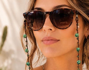 Türkisrosa gehäkelte Brillenkette mit Perlen, Boho-Sonnenbrillenhalter-Lanyard