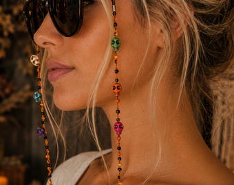 Hand Crocheted Halloween Skull Eyeglass Chain, Colorful Ceramic Beads, Spooky Glasses Accessory