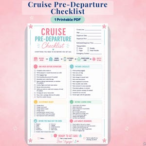 May include: A printable Cruise Pre-Departure Checklist document featuring sections for travel details, packing, electronics, and home preparation. The design uses pastel colors with anchor and starfish icons, including checkboxes for various travel tasks.
