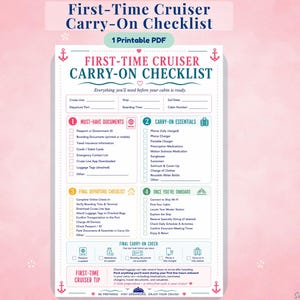 Könnte beinhalten: Ein druckbares PDF-Dokument mit dem Titel First-Time Cruiser Carry-On Checklist auf rosa Hintergrund mit Anker- und Seestern-Symbolen. Die Checkliste enthält Abschnitte für Dokumente, Essentials, Abreiseaufgaben und Schritte an Bord mit Kontrollkästchen.