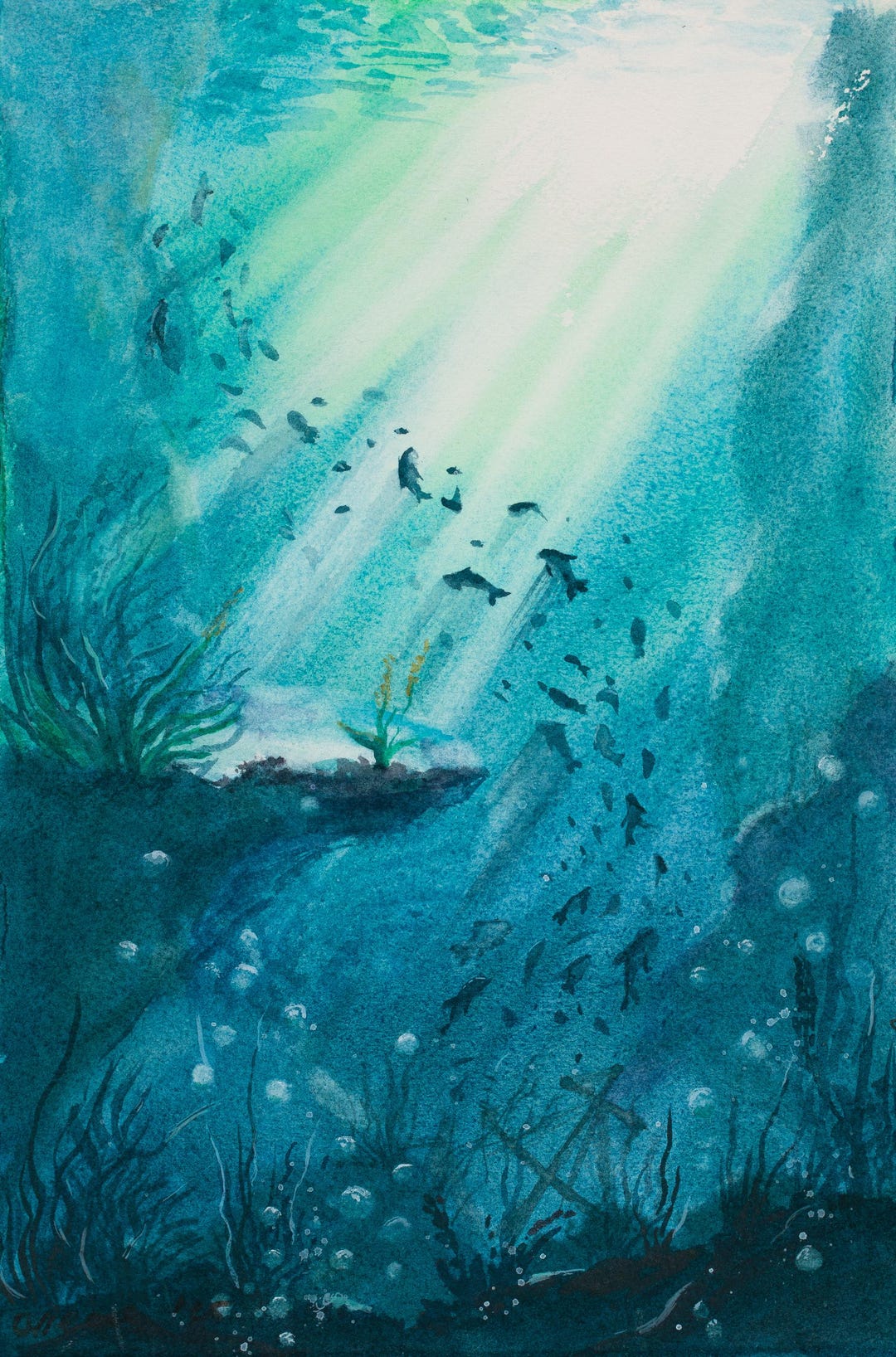 Watercolor Art Underwater Scene – Original Ocean Painting With Fish and ...