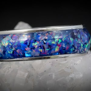 Handgemaakte unieke -blauw w / roze opaal inleg ring (M16), voor vrouwen of mannen, trouwring, verloving of belofte ring
