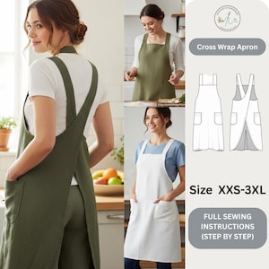 May include: An olive green cross wrap apron with large front pockets. The image also shows a white apron and a diagram of the apron's design. Text on the image reads "Cross Wrap Apron" and "Size XXS-3XL".