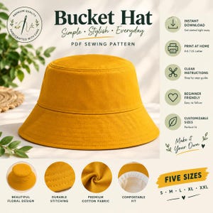 Könnte beinhalten: Ein senfgelber Fischerhut mit flacher Krone und nach unten geneigter Krempe. Das digitale Schnittmuster enthält den Text: Bucket Hat, Simple, Stylish, Everyday, PDF Sewing Pattern, Five Sizes S, M, L, XL, XXL, sowie verschiedene Symbole.