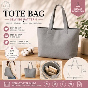 Op de afbeelding: Een naaipatroon voor een grijze tote bag met een grote hoofdafbeelding van de afgewerkte tas, kleinere inzetfoto's, een binnenaanzicht en een technische tekening met afmetingen van 44 cm bij 30 cm. Bevat tekst voor de maten S tot XL.