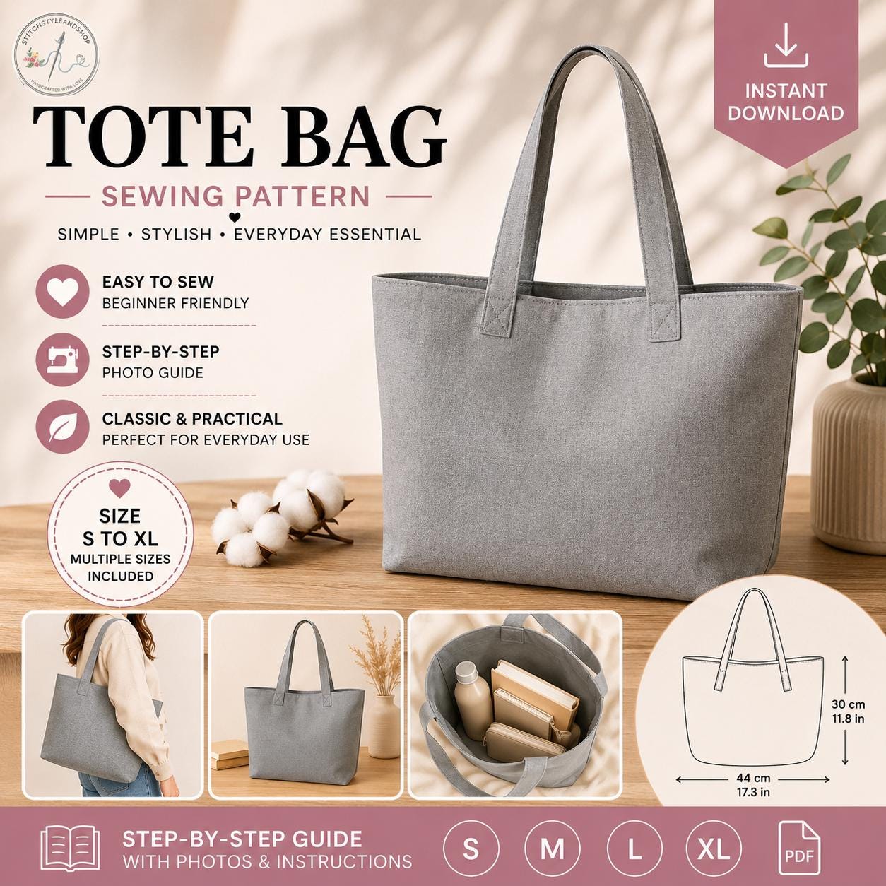 Aura Carry Tote Bag Sewing Pattern PDF, Bow Tote Pattern, A4 A0 US ...