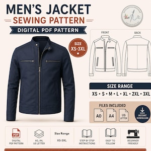 May include: Digital PDF sewing pattern for a men's jacket. The pattern includes a front view and back view of the jacket, size range XS-3XL, and files for A0, A4, and US Letter. The pattern is beginner friendly.