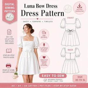 May include: Digital sewing pattern for the Luna Bow Dress. The image shows a woman wearing the dress, with front and back view line drawings. The pattern includes sizes XS to XL and is described as easy to sew.