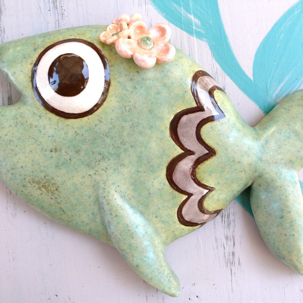 Mrs. Butch in sea rock green and oyster -- Ceramic chalkware fish, Retro Mid Century bathroom wall hanging