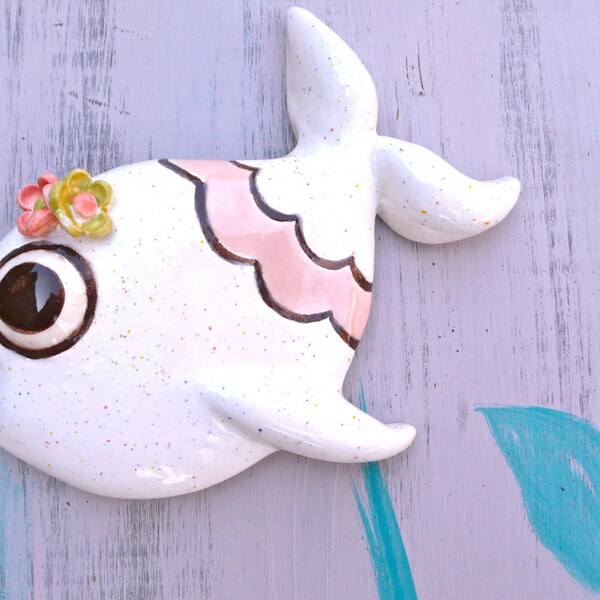Butchette in rainbow fleck and pink -- Ceramic chalkware fish, Retro Mid Century bathroom wall hanging