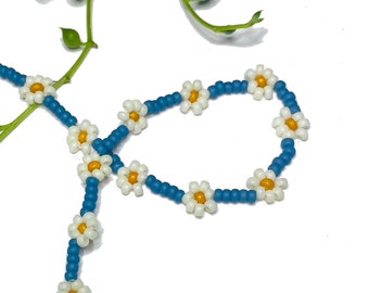 Daisy Chain Seed Bead Bracelet or Anklet Deep Blue and White