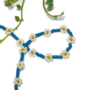 Daisy Chain Seed Bead Bracelet or Anklet Deep Blue and White image 1
