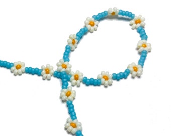 Daisy Chain Seed Bead Bracelet or Anklet Light Blue and Orange