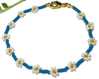 Daisy Chain Seed Bead Bracelet or Anklet Deep Blue and White