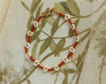 Daisy Chain Seed Bead Bracelet or Anklet Red and Orange