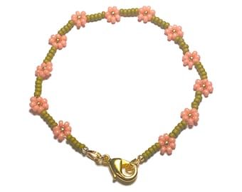 Daisy Chain Seed Bead Bracelet or Anklet Pink and Green