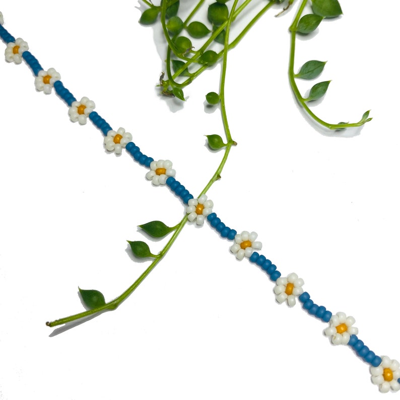 Daisy Chain Seed Bead Bracelet or Anklet Deep Blue and White image 5