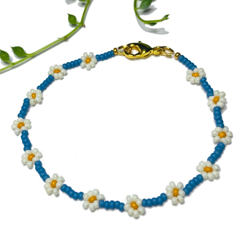 Daisy Chain Seed Bead Bracelet or Anklet Deep Blue and White image 4