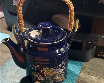 VTG Japanese cobalt teapot hand-painted floral cart gold trim & bamboo handle