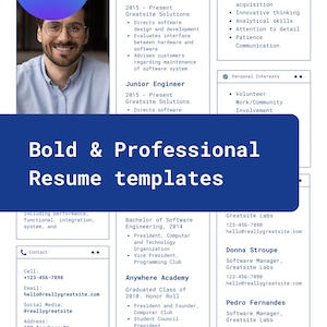 May include: A resume template design featuring a headshot of a smiling man wearing glasses, with the Canva logo in the upper left corner. The design includes sections for work experience, skills, and contact information, with the text "Bold & Professional Resume templates".