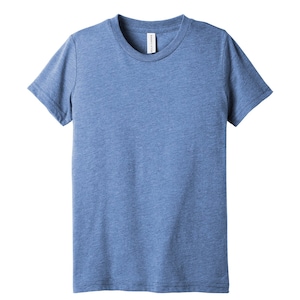 May include: A heather blue crew neck t-shirt. The short-sleeved shirt has a classic fit and is made of a soft, textured fabric. The tag on the inside of the collar reads "BELLA+CANVAS".