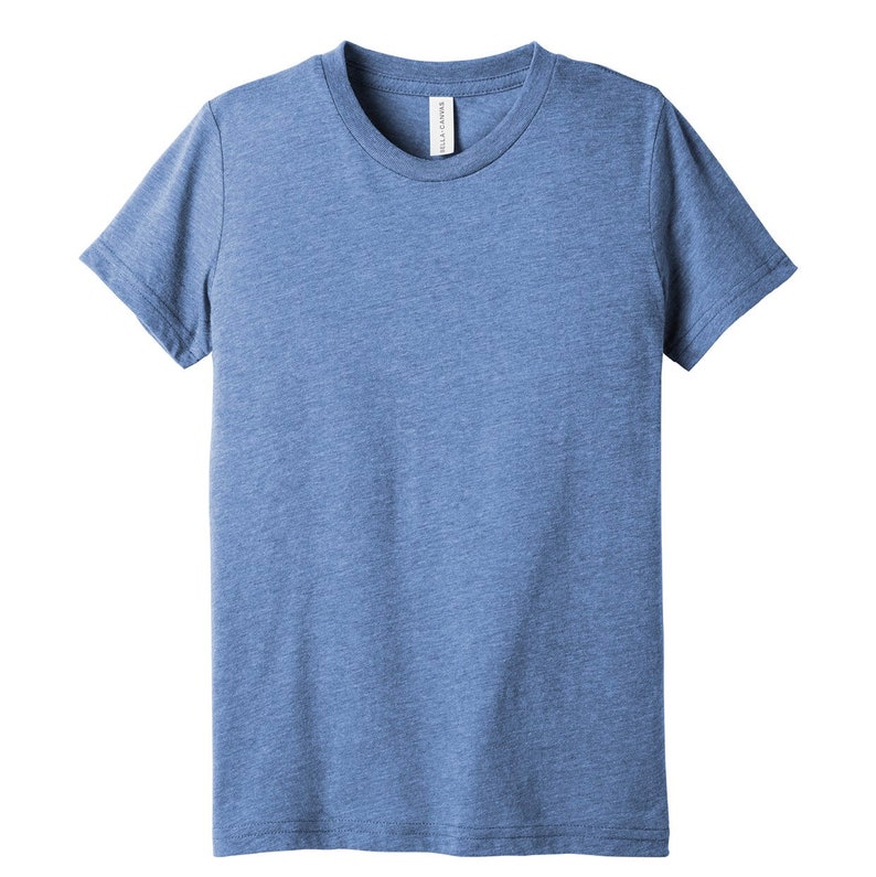 May include: A heather blue crew neck t-shirt. The short-sleeved shirt has a classic fit and is made of a soft, textured fabric. The tag on the inside of the collar reads "BELLA+CANVAS".