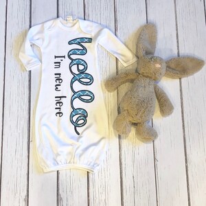 Hello I'm New Here Sleeping Gown / Newborn Baby Pajama Sleeper / Baby Pajama Sleeper Gown / Baby Shower Gift image 2