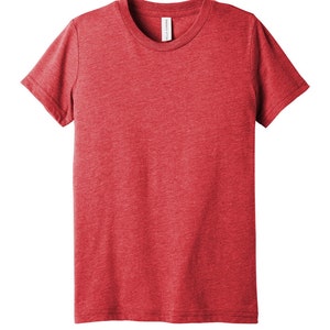 May include: A plain red crew neck t-shirt. The short-sleeved shirt is made of a soft, textured fabric. The tag on the inside of the collar reads "BELLA+CANVAS".