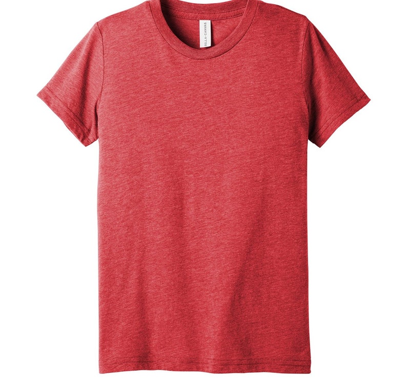 May include: A plain red crew neck t-shirt. The short-sleeved shirt is made of a soft, textured fabric. The tag on the inside of the collar reads "BELLA+CANVAS".