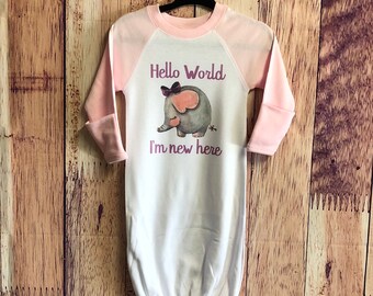 Girls Hello World Infant Gown / Pink and Purple Baby Girl Gown / Baby Girl Pajama Dress / Infant Girl Sleep Sack / Baby Elephant Sleep Sack
